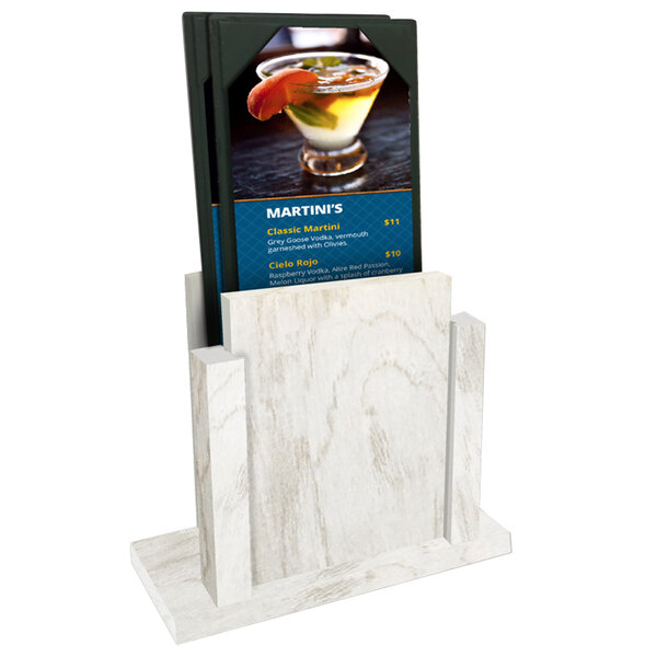 A white wood Menu Solutions holder with a menu on a table.
