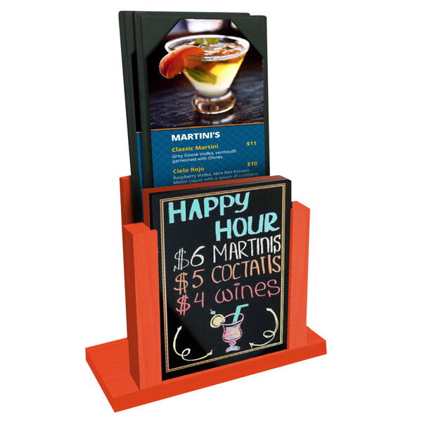A Menu Solutions wood table tent with wet erase board displaying a drink menu on a table with a drink.
