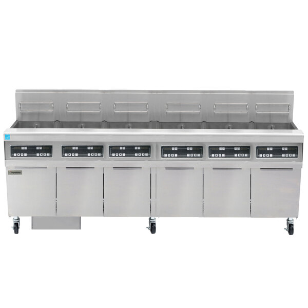 A large stainless steel commercial kitchen with six Frymaster liquid propane gas fryers.