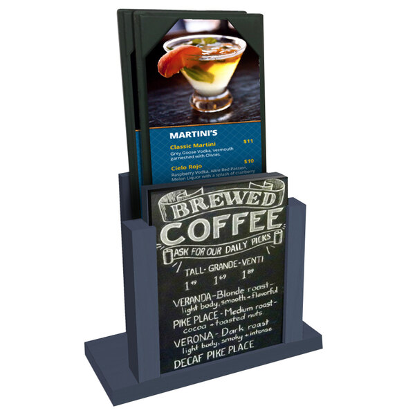 A denim wood menu holder with a chalkboard insert displaying a menu and a drink.