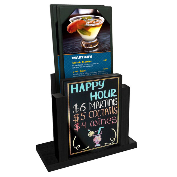 A black wood menu holder with a wet erase board insert on a counter with a drink menu.