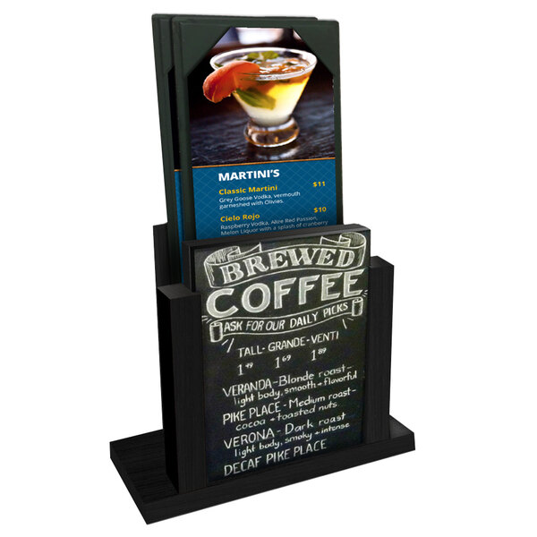 A black wood menu holder with a chalkboard insert displaying a white menu.