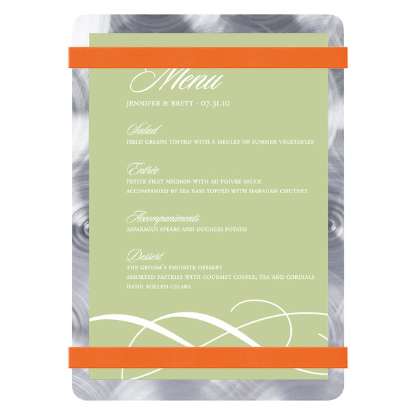 A Menu Solutions Alumitique menu board with white text and orange and silver swirls on the bands.
