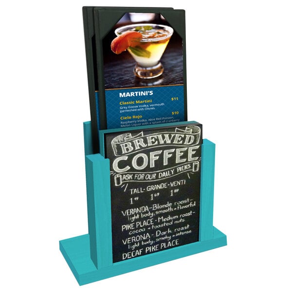 A Sky Blue wood menu holder with a chalkboard insert holding a menu.