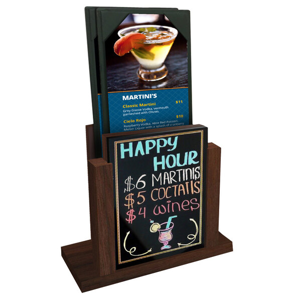 A walnut wood Menu Solutions menu holder with a wet erase board insert on a table with a menu.