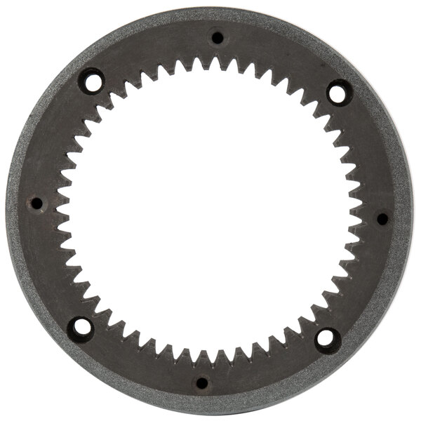 A circular metal turning plate gear with many holes.