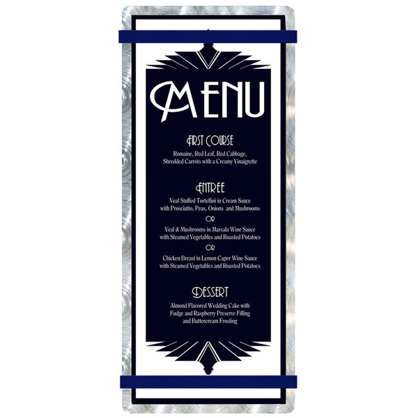 A Menu Solutions Alumitique aluminum menu board with navy bands and blue and white text on a white background.