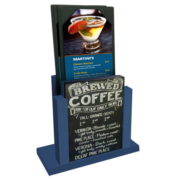 A Menu Solutions wood menu holder with a chalkboard insert displaying a drink.