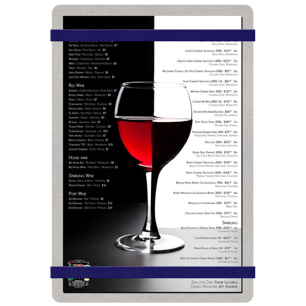 A Menu Solutions Alumitique menu board with navy bands on a table with a glass of wine.
