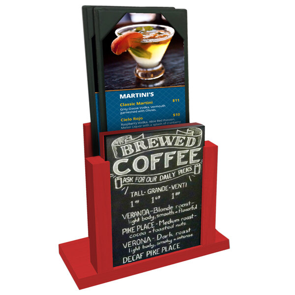 A Menu Solutions wood menu holder with a chalk board insert displaying a menu on a counter.