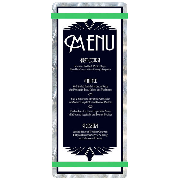 A white customizable Alumitique menu board with green swirls and bands.