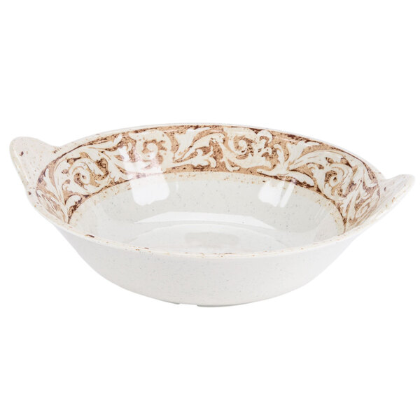 A white GET Olympia bowl with brown designs.
