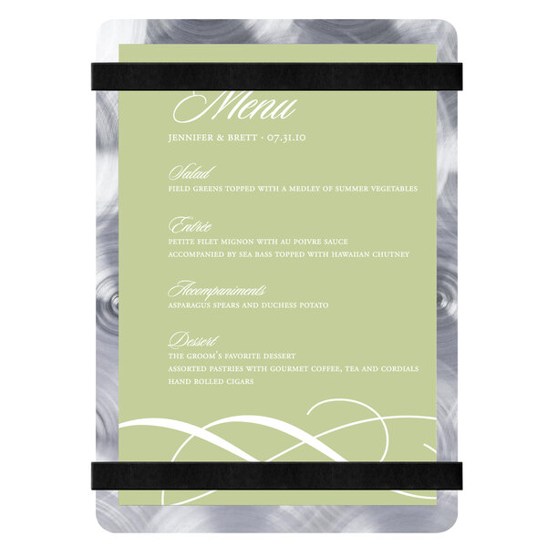 A Menu Solutions Alumitique menu board with black bands and a silver swirl design.