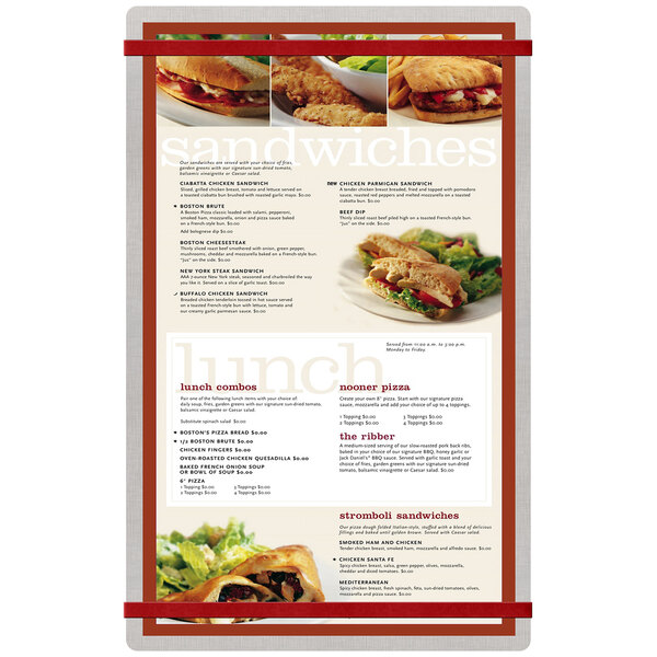 A Menu Solutions customizable brushed aluminum menu board with red bands displaying a sandwich and salad on a plate.