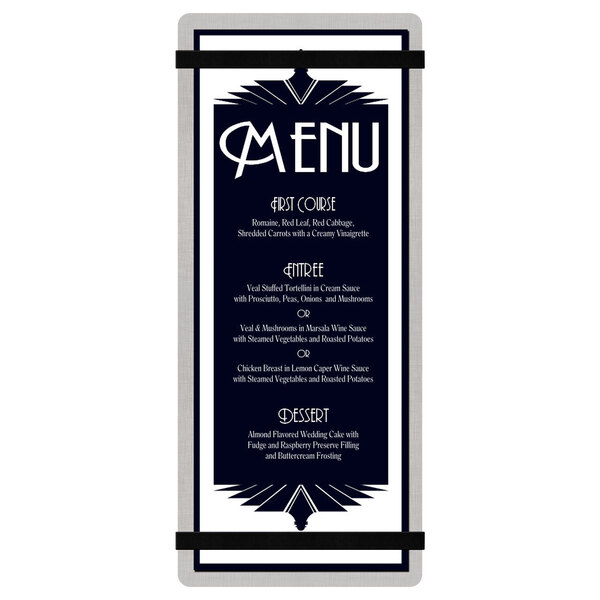 A Menu Solutions customizable aluminum menu board with black bands and a black and white border.
