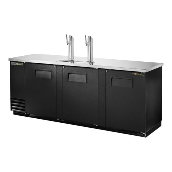 A black cabinet with a silver top and two beer taps.