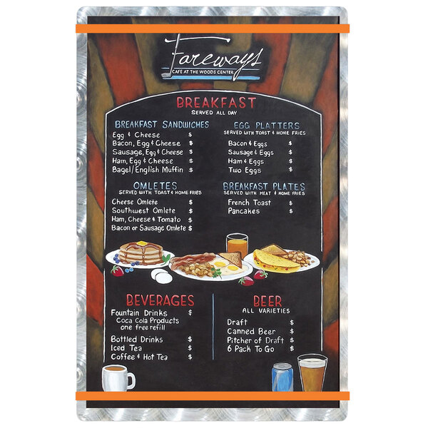 An Alumitique menu board with orange bands holding a breakfast menu on a metal tray.