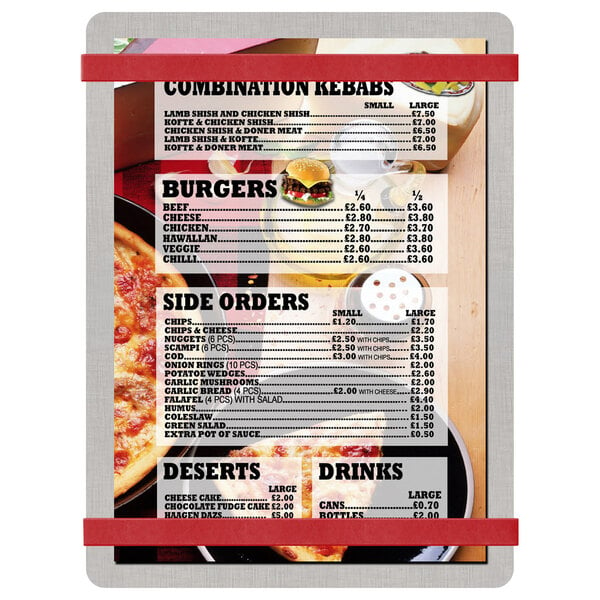A Menu Solutions customizable brushed aluminum menu board with red bands holding a menu with pizza and other food items.