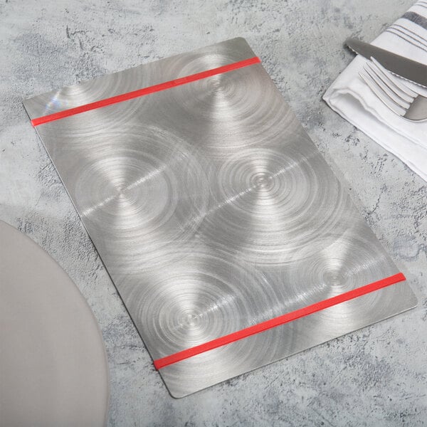 A Menu Solutions Alumitique aluminum menu board with red bands.