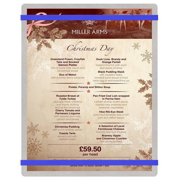 A Menu Solutions Alumitique menu board with royal blue bands on a table in a buffet restaurant.