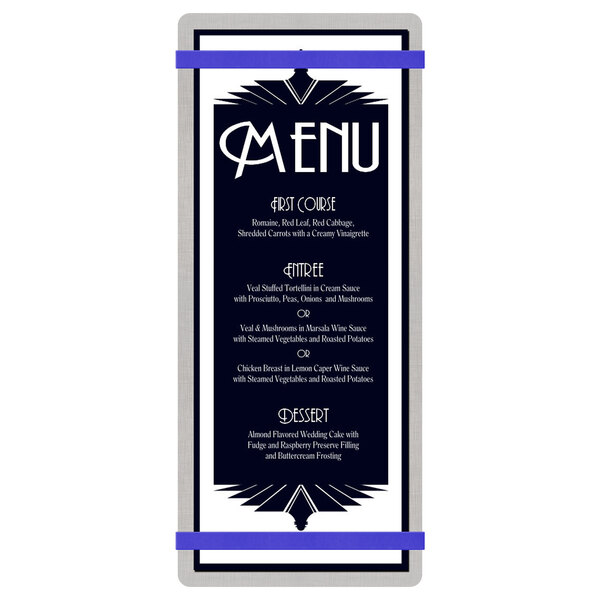 A customizable Menu Solutions aluminum menu board with royal blue bands on the top and bottom.