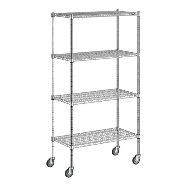 A Regency stainless steel wire shelving unit with wheels.