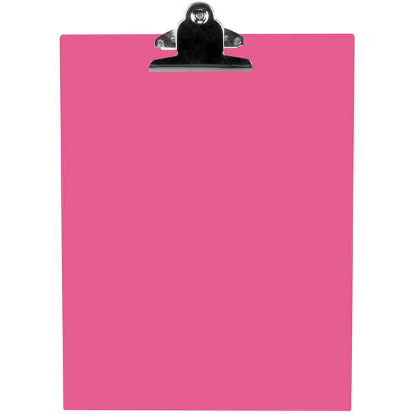 A pink Menu Solutions clipboard with a metal clip.
