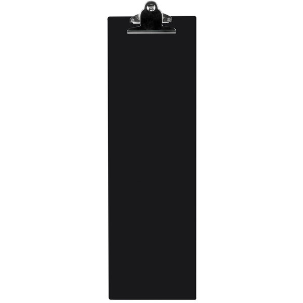 A black rectangular acrylic Menu Solutions clip board with a clip on it.
