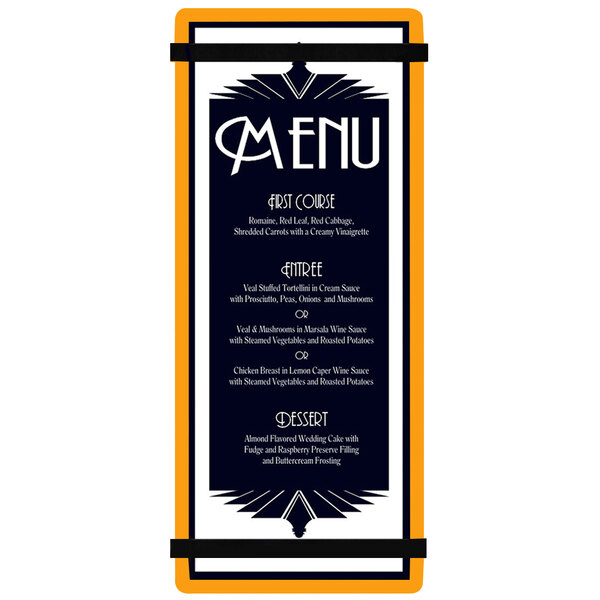 An orange Menu Solutions acrylic menu board with black rubber band straps and white text on the menu card.