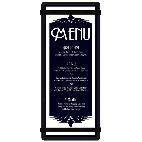 A black customizable acrylic menu board with rubber band straps holding a white menu card.