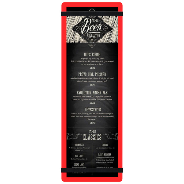 A red Menu Solutions acrylic menu board with black rubber bands holding a white and black menu.