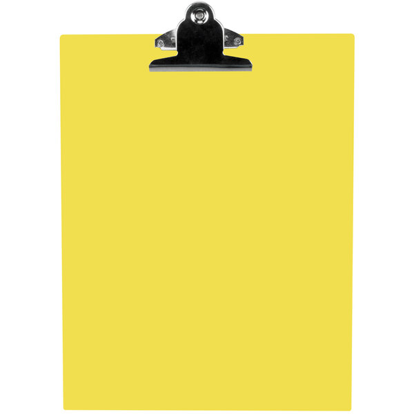 A yellow Menu Solutions clipboard with a metal clip.