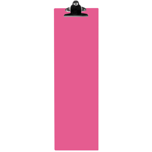 A pink rectangular acrylic menu clipboard with a black clip.