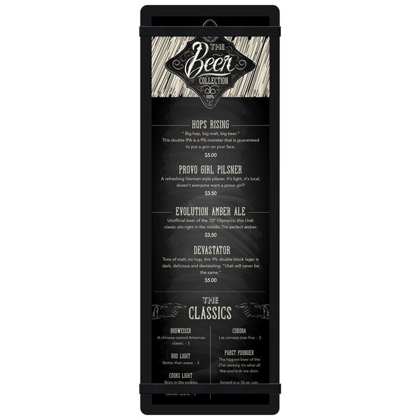 A black Menu Solutions acrylic menu board with white rubber band straps.