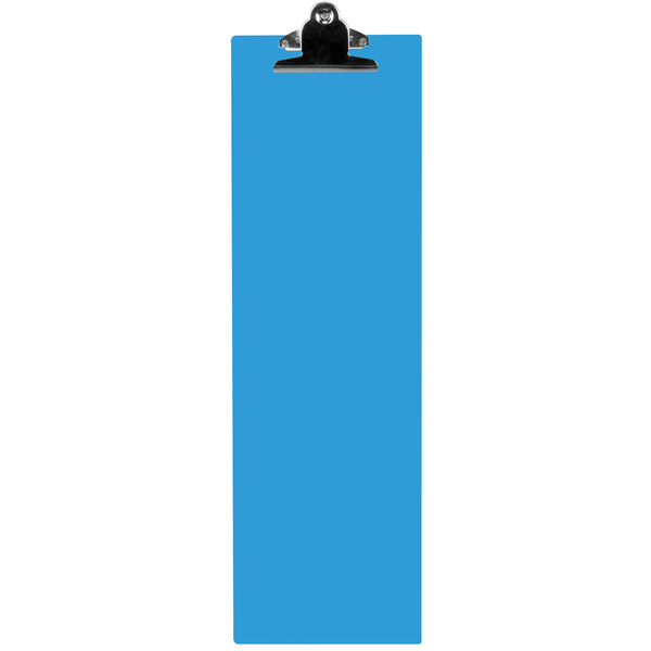 A blue rectangular acrylic menu clip board with white border.
