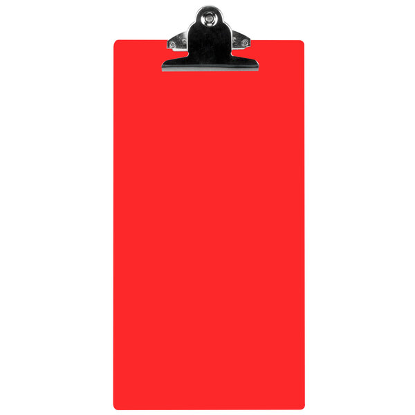 A red Menu Solutions acrylic clipboard with a metal clip.