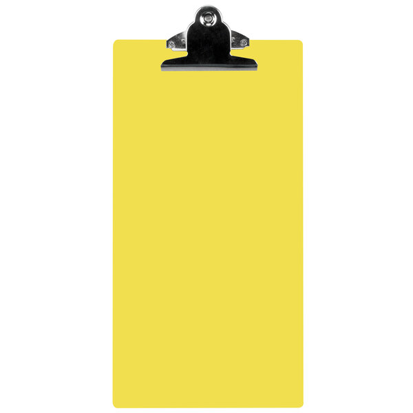 A yellow rectangular Menu Solutions clipboard with a metal clip.