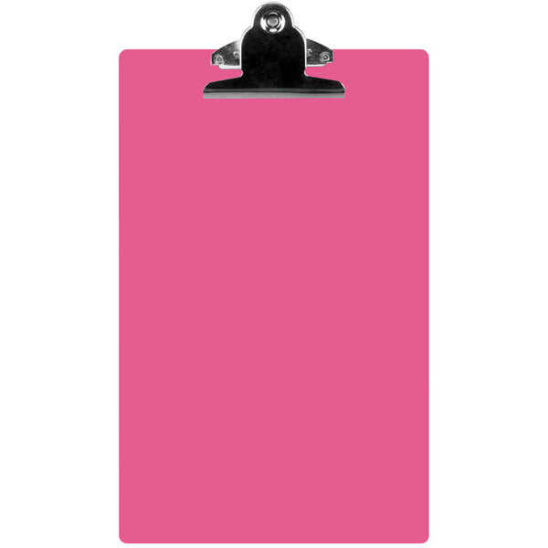 A pink rectangular acrylic clip board with a metal clip.