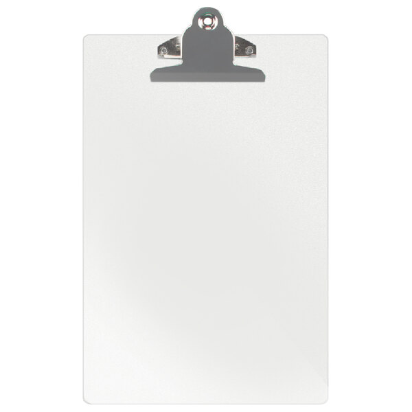 A white rectangular Menu Solutions acrylic clipboard with a silver clip.