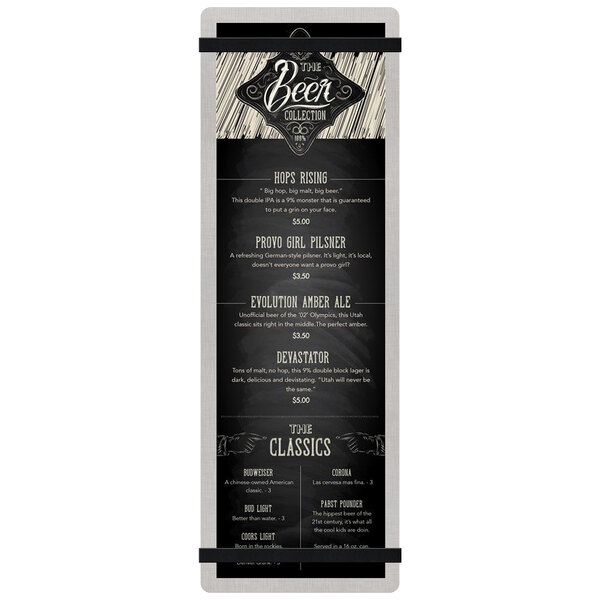 A customizable brushed aluminum menu board with black bands holding a white menu with black and white text.