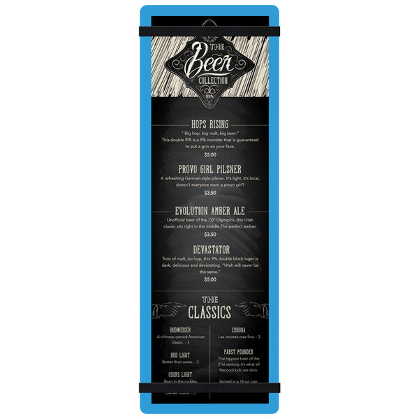 A blue Menu Solutions acrylic menu board with black rubber bands holding a black and white menu