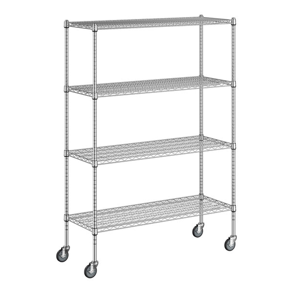 A wireframe of a Regency stainless steel wire shelving unit with wheels.