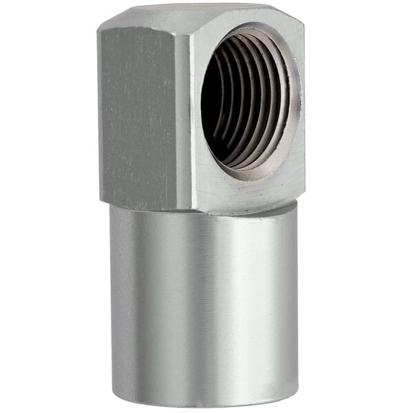 A close-up of a Fisher stainless steel short elbow threaded pipe fitting.