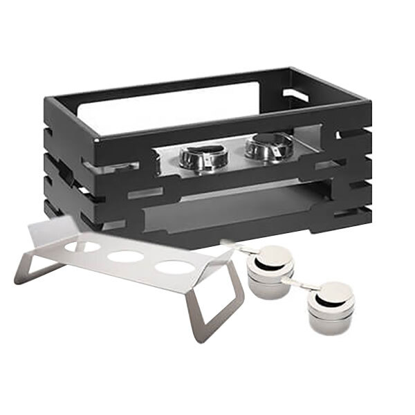 A black metal Rosseto chafer alternative with metal containers on a black metal tray.