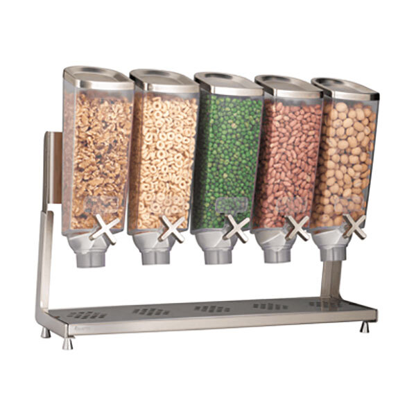 A Rosseto metal food dispenser with five canisters holding cereal, nuts, and beans.
