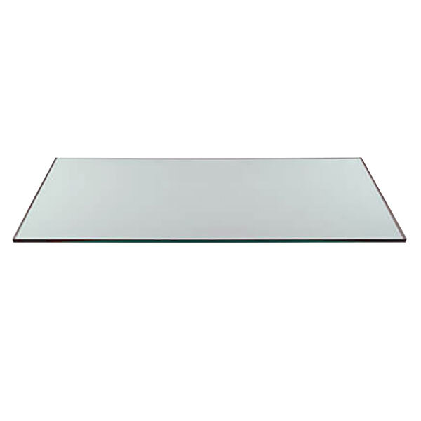 A rectangular glass table with a black border.