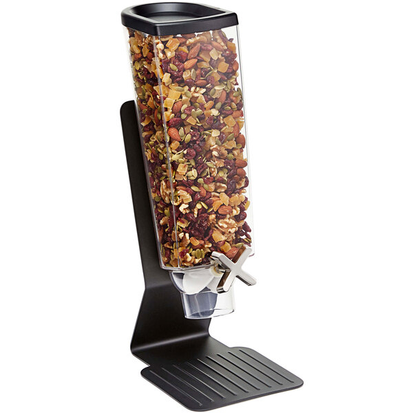 A black steel Rosseto cereal dispenser filled with nuts and seeds.