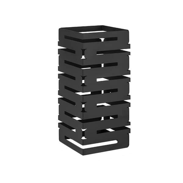 A black rectangular multi-level riser with four stacked cubes.