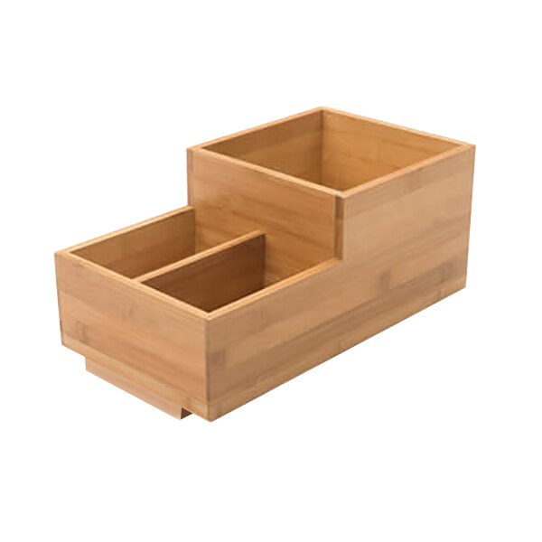 A natural bamboo box with three compartments on top.