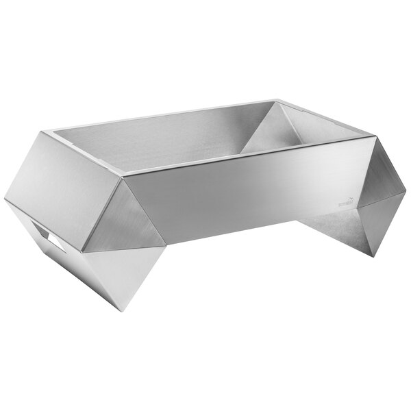 A silver metal rectangular tray with handles.